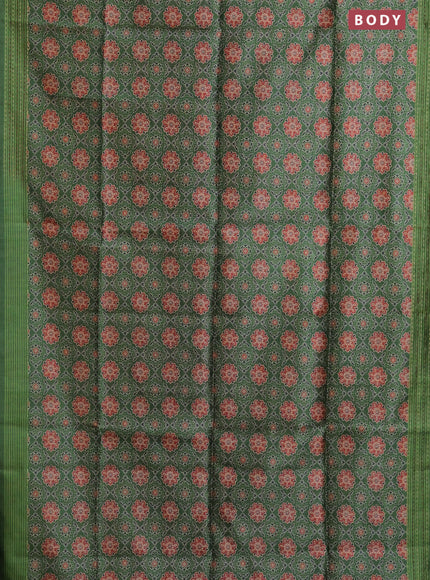 Semi tussar saree green with allover ajrakh prints and katha stitch work pallu & border