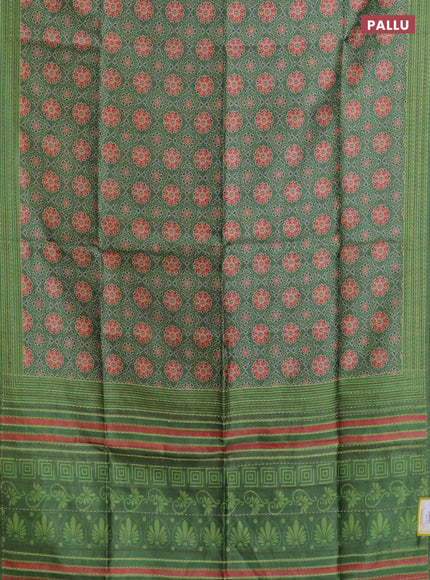 Semi tussar saree green with allover ajrakh prints and katha stitch work pallu & border