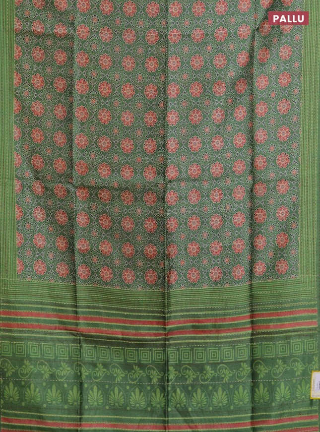 Semi tussar saree green with allover ajrakh prints and katha stitch work pallu & border