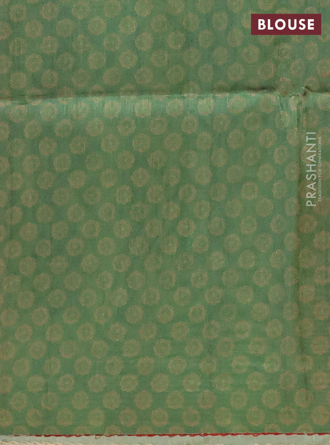 Semi tussar saree green with allover ajrakh prints and katha stitch work pallu & border