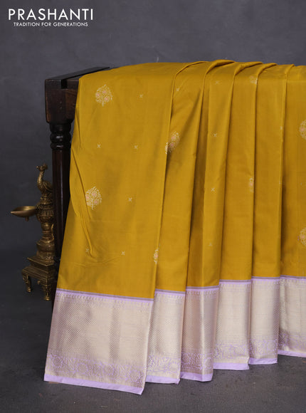 Bangalori silk saree mustard yellow and lavender with zari woven buttas and zari woven border