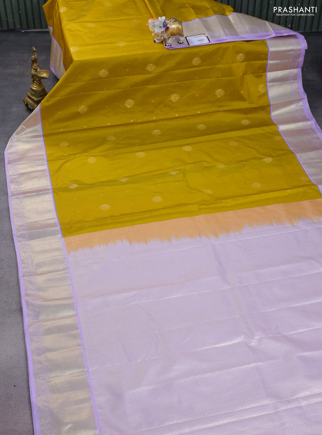 Bangalori silk saree mustard yellow and lavender with zari woven buttas and zari woven border