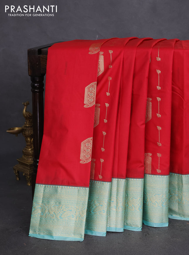 Bangalori silk saree red and teal blue with zari woven buttas and zari woven border