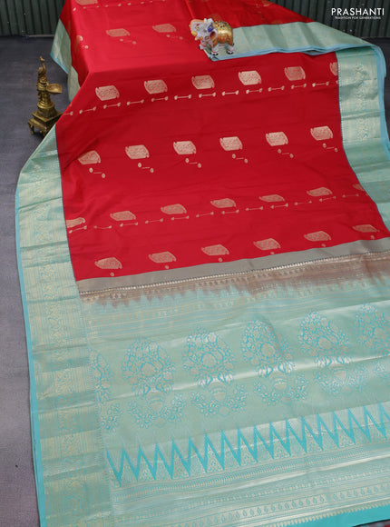 Bangalori silk saree red and teal blue with zari woven buttas and zari woven border