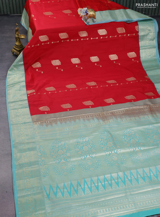 Bangalori silk saree red and teal blue with zari woven buttas and zari woven border