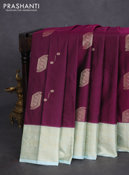 Bangalori silk saree purple and teal blue with zari woven buttas and zari woven border