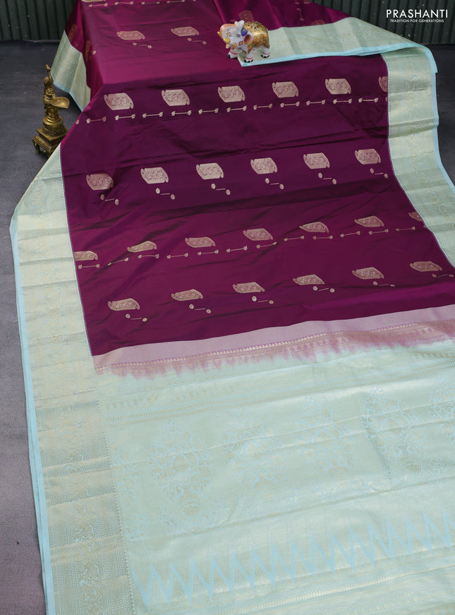 Bangalori silk saree purple and teal blue with zari woven buttas and zari woven border