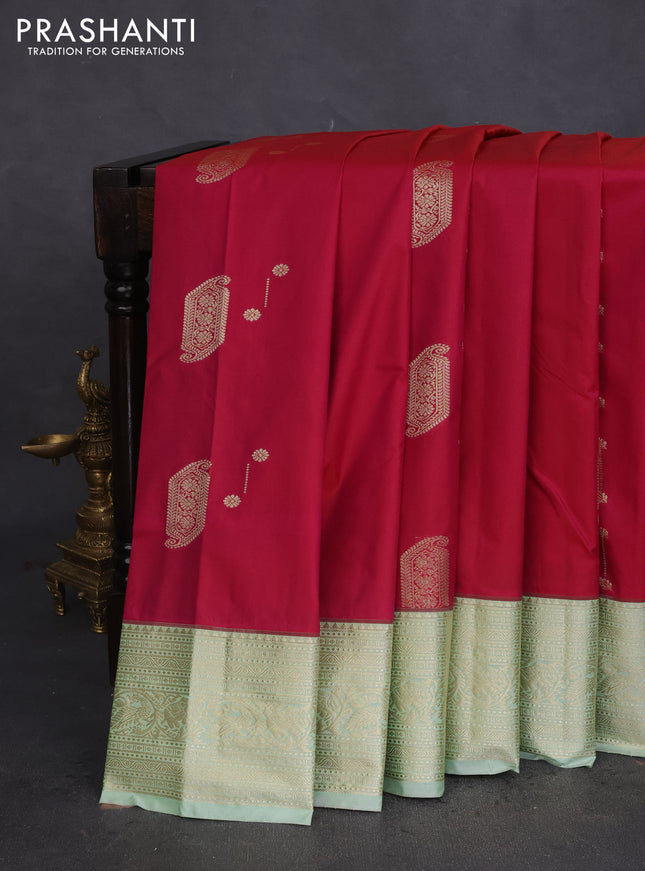 Bangalori silk saree dark pink and pastel green with zari woven buttas and zari woven border