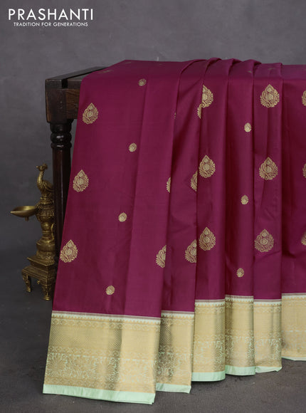 Bangalori silk saree dark magenta pink and pastel green with zari woven buttas and zari woven border