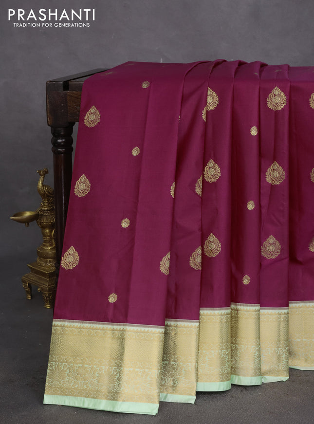 Bangalori silk saree dark magenta pink and pastel green with zari woven buttas and zari woven border