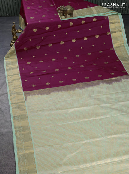 Bangalori silk saree dark magenta pink and pastel green with zari woven buttas and zari woven border