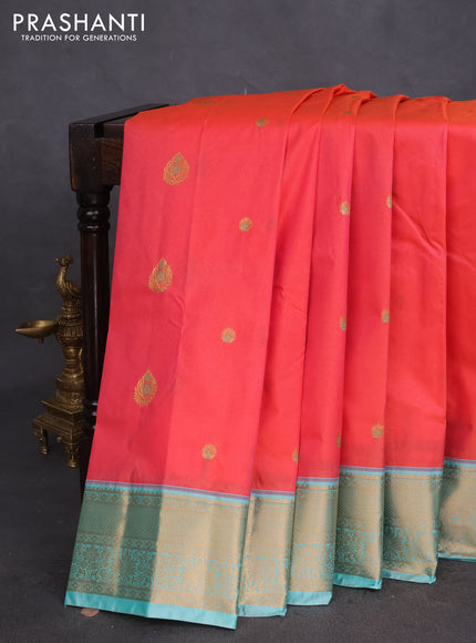 Bangalori silk saree dual shade of pinkish orange and teal green with zari woven buttas and zari woven border