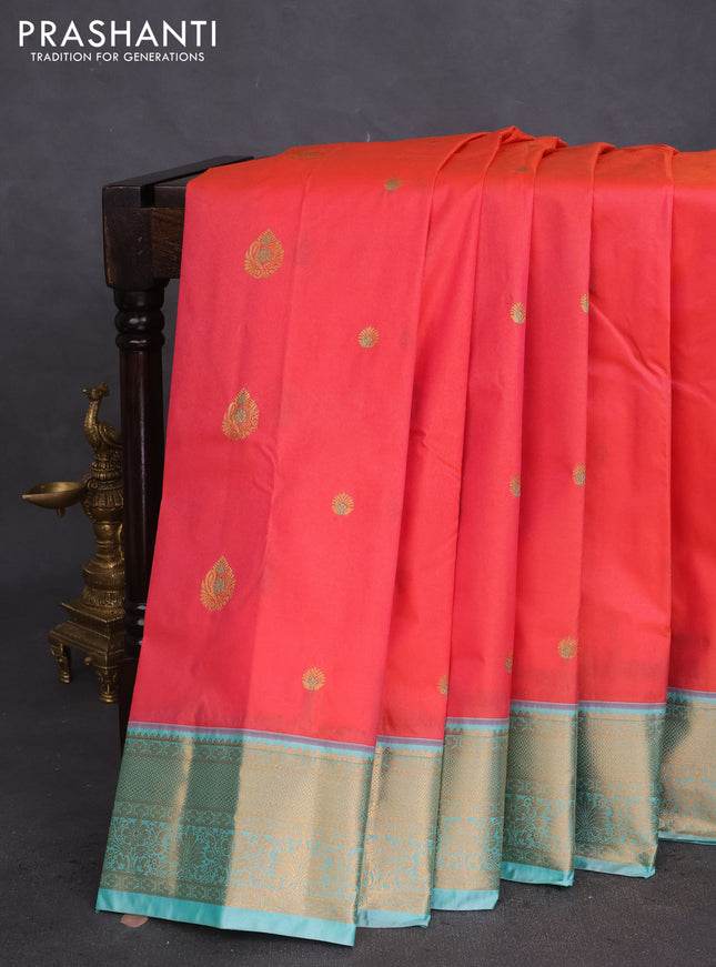 Bangalori silk saree dual shade of pinkish orange and teal green with zari woven buttas and zari woven border