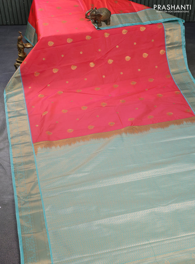 Bangalori silk saree dual shade of pinkish orange and teal green with zari woven buttas and zari woven border