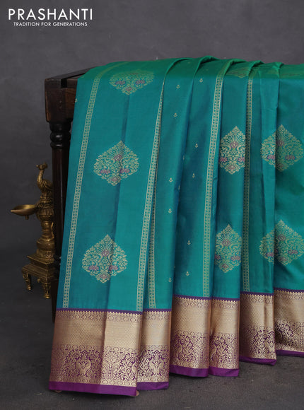 Bangalori silk saree green and violet with allover zari weaves & buttas and zari woven border