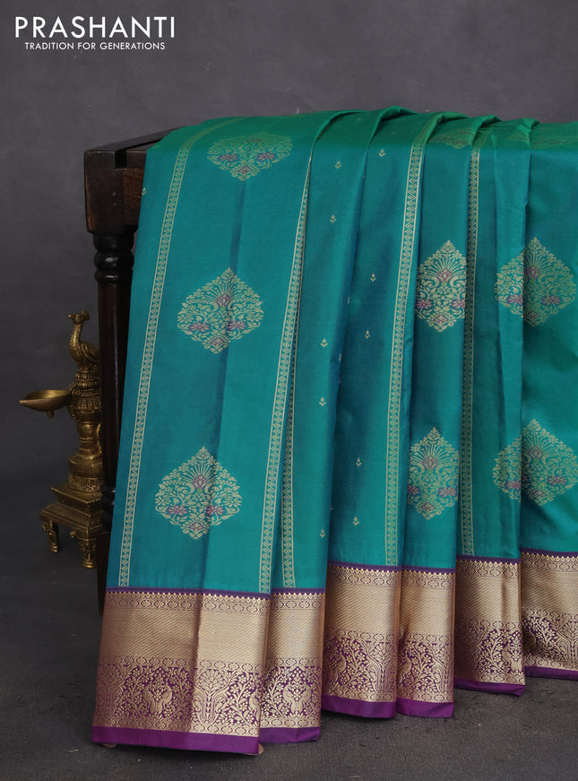 Bangalori silk saree green and violet with allover zari weaves & buttas and zari woven border