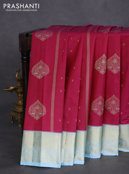 Bangalori silk saree dark magenta pink and pastel blue with allover zari weaves & buttas and zari woven border