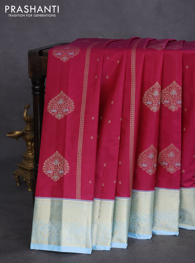 Bangalori silk saree dark magenta pink and pastel blue with allover zari weaves & buttas and zari woven border