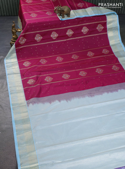 Bangalori silk saree dark magenta pink and pastel blue with allover zari weaves & buttas and zari woven border