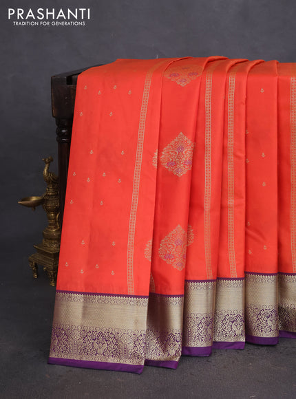 Bangalori silk saree orange and violet with allover zari weaves & buttas and zari woven border