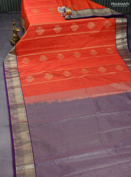 Bangalori silk saree orange and violet with allover zari weaves & buttas and zari woven border