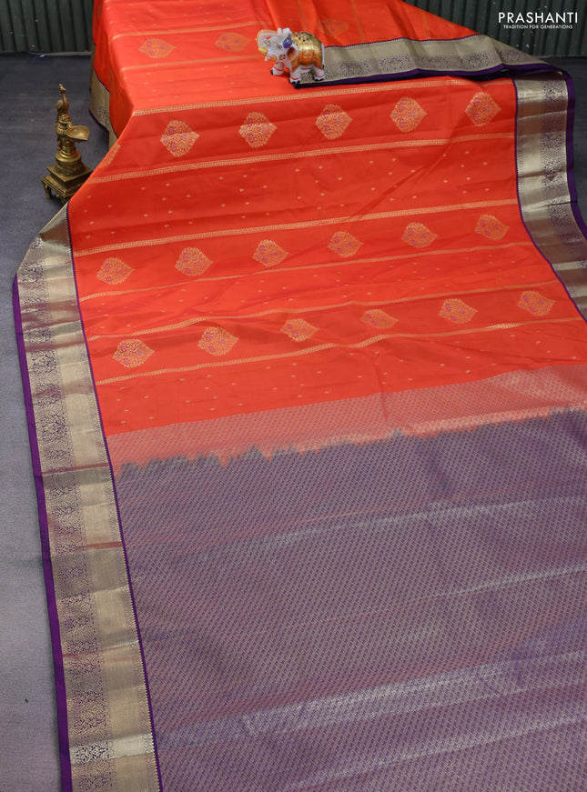 Bangalori silk saree orange and violet with allover zari weaves & buttas and zari woven border