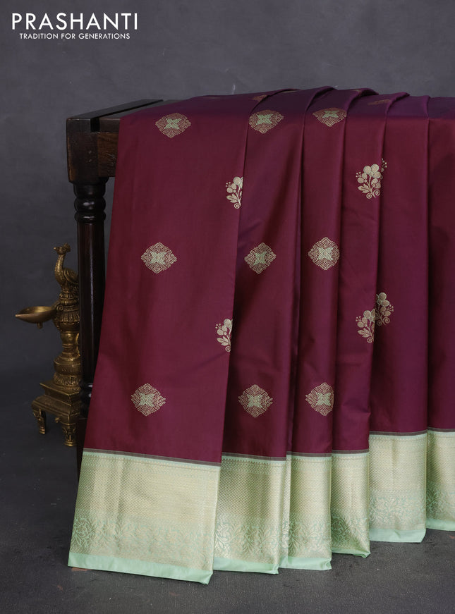 Bangalori silk saree wine shade and pastel green with zari woven buttas and zari woven border