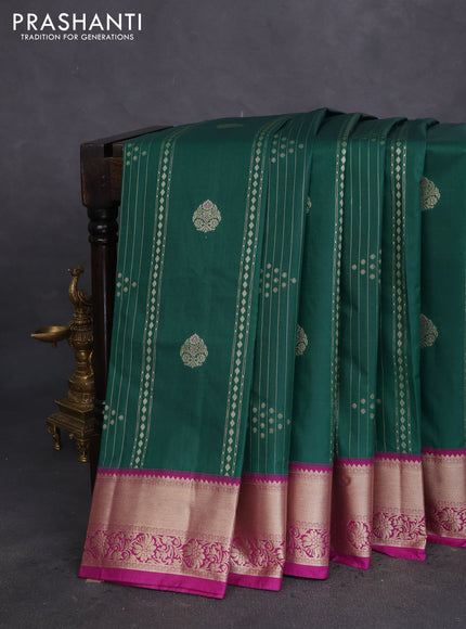 Bangalori silk saree green and purple with allover zari weaves and zari woven border