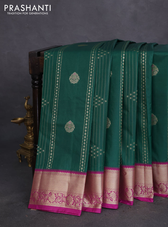 Bangalori silk saree green and purple with allover zari weaves and zari woven border