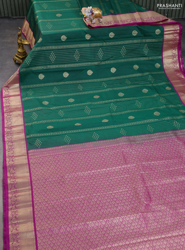 Bangalori silk saree green and purple with allover zari weaves and zari woven border