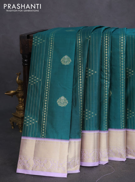 Bangalori silk saree peacock green and lavender with allover zari weaves and zari woven border