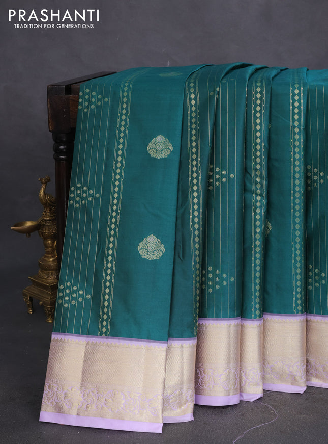 Bangalori silk saree peacock green and lavender with allover zari weaves and zari woven border