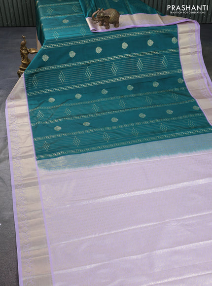 Bangalori silk saree peacock green and lavender with allover zari weaves and zari woven border