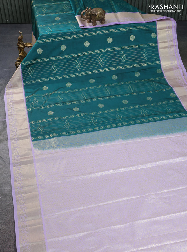 Bangalori silk saree peacock green and lavender with allover zari weaves and zari woven border