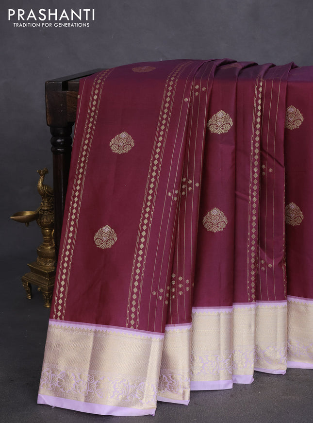 Bangalori silk saree wine shade and lavender with allover zari weaves and zari woven border