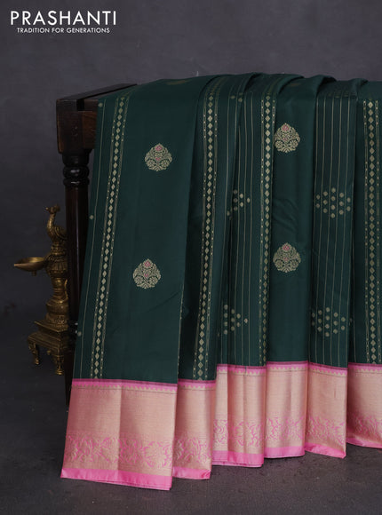 Bangalori silk saree bottle green and pink with allover zari weaves and zari woven border