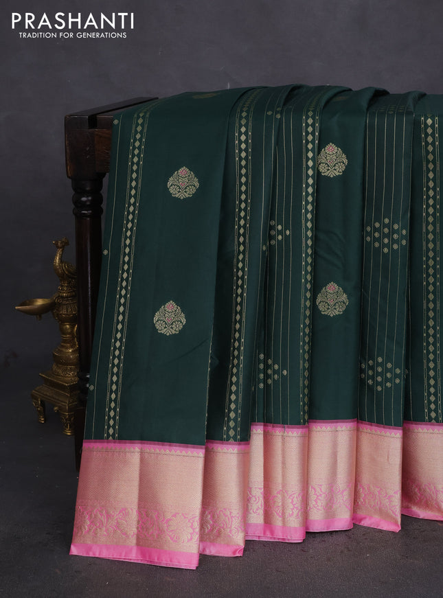 Bangalori silk saree bottle green and pink with allover zari weaves and zari woven border