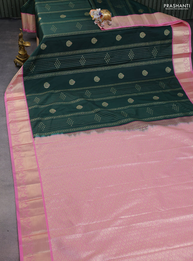 Bangalori silk saree bottle green and pink with allover zari weaves and zari woven border