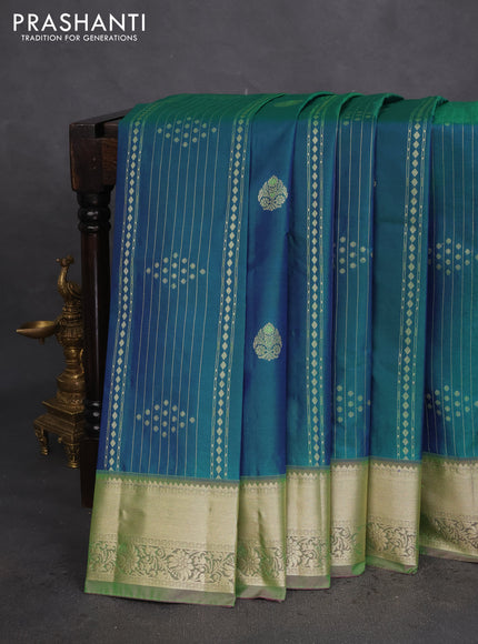 Bangalori silk saree dual shade of bluish green with allover zari weaves and zari woven border