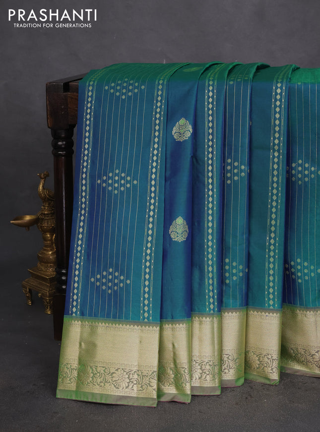 Bangalori silk saree dual shade of bluish green with allover zari weaves and zari woven border