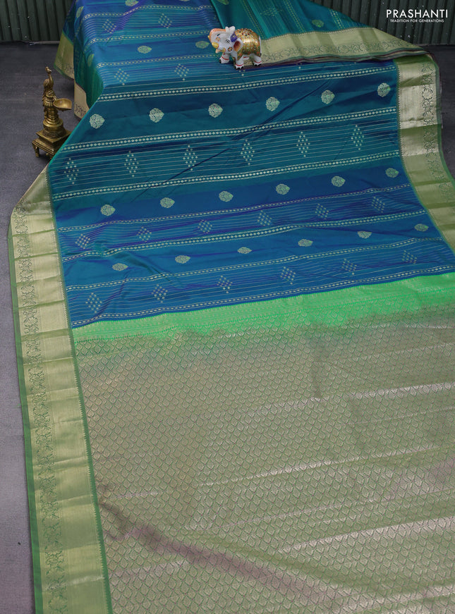Bangalori silk saree dual shade of bluish green with allover zari weaves and zari woven border