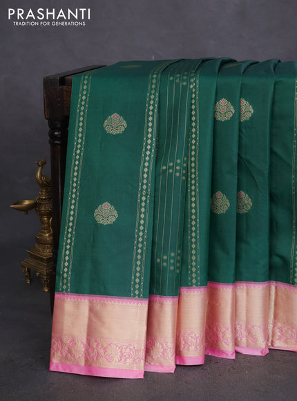 Bangalori silk saree green and pink with allover zari weaves and zari woven border