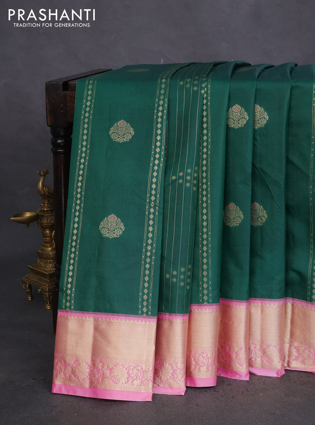 Bangalori silk saree green and pink with allover zari weaves and zari woven border