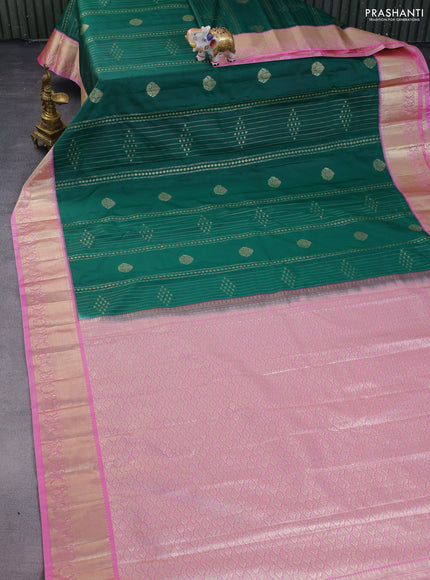 Bangalori silk saree green and pink with allover zari weaves and zari woven border
