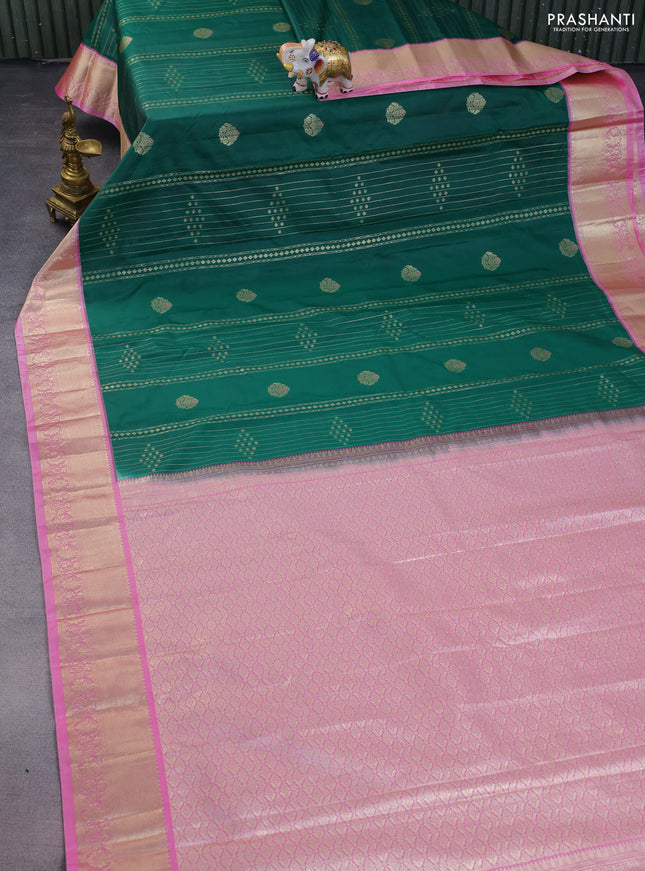 Bangalori silk saree green and pink with allover zari weaves and zari woven border