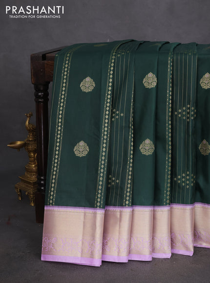 Bangalori silk saree dark green and lavender with allover zari weaves and zari woven border