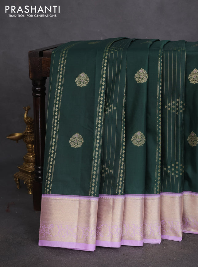 Bangalori silk saree dark green and lavender with allover zari weaves and zari woven border