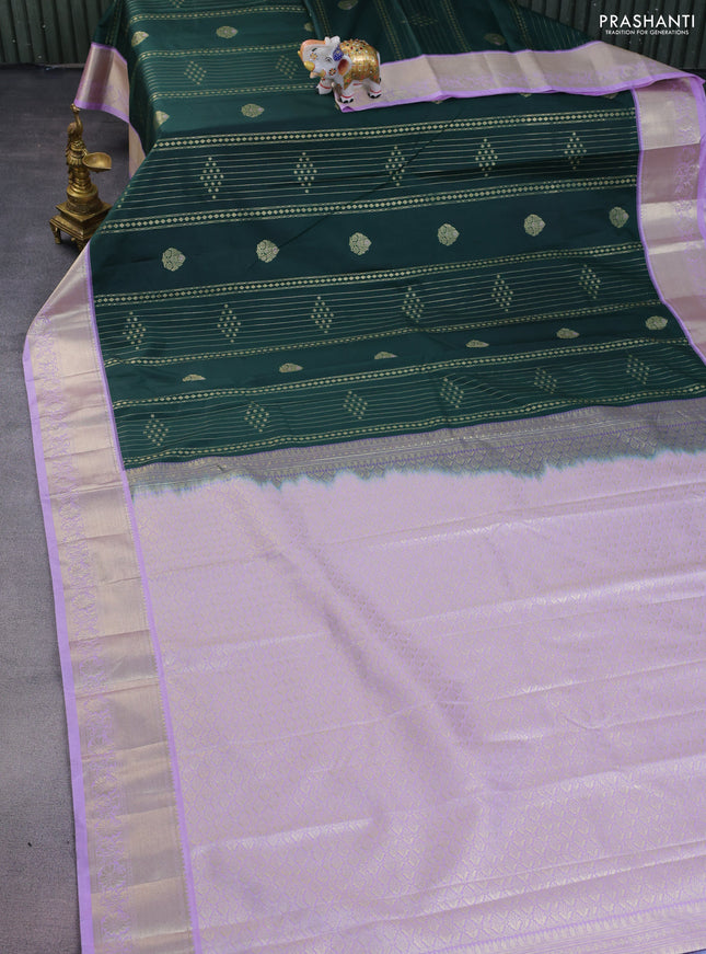 Bangalori silk saree dark green and lavender with allover zari weaves and zari woven border