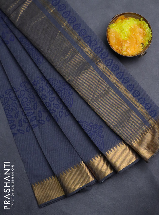 Mangalgiri cotton block printed saree grey with allover prints and zari woven border