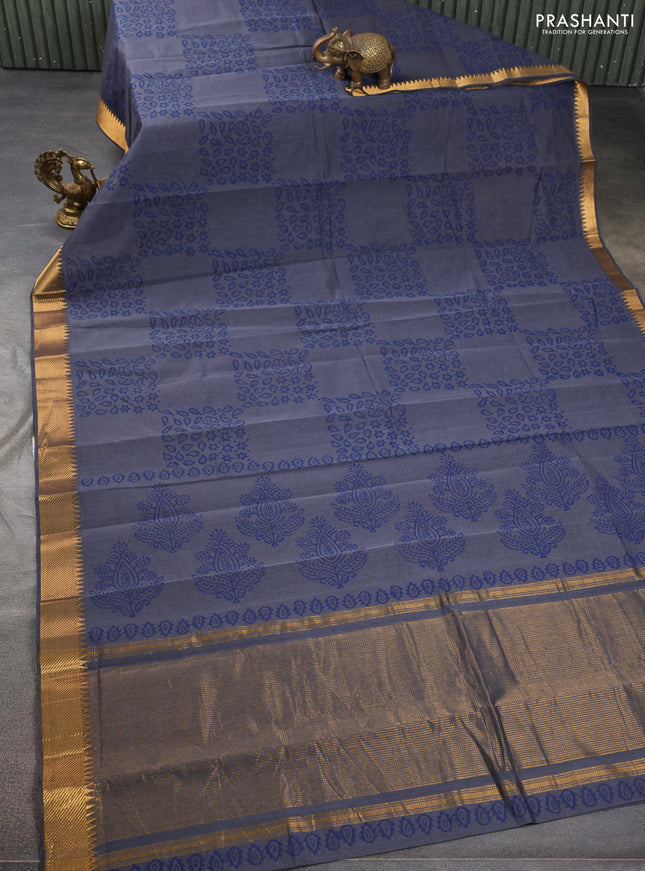 Mangalgiri cotton block printed saree grey with allover prints and zari woven border